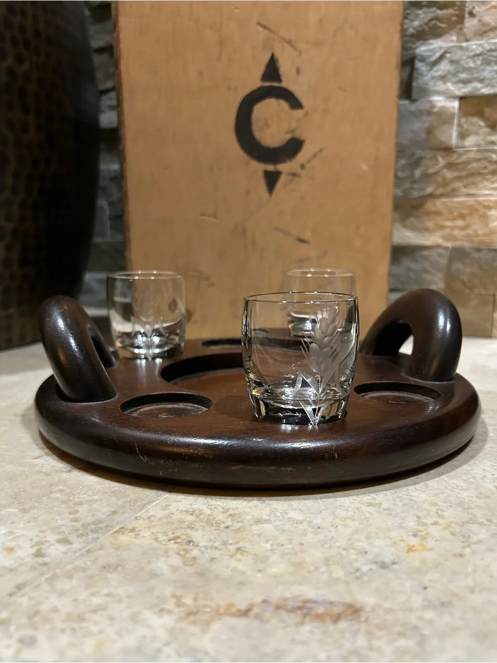 Vintage Wooden Shot Glass and Liquor Bottle Serving Tray Caddy with Handles